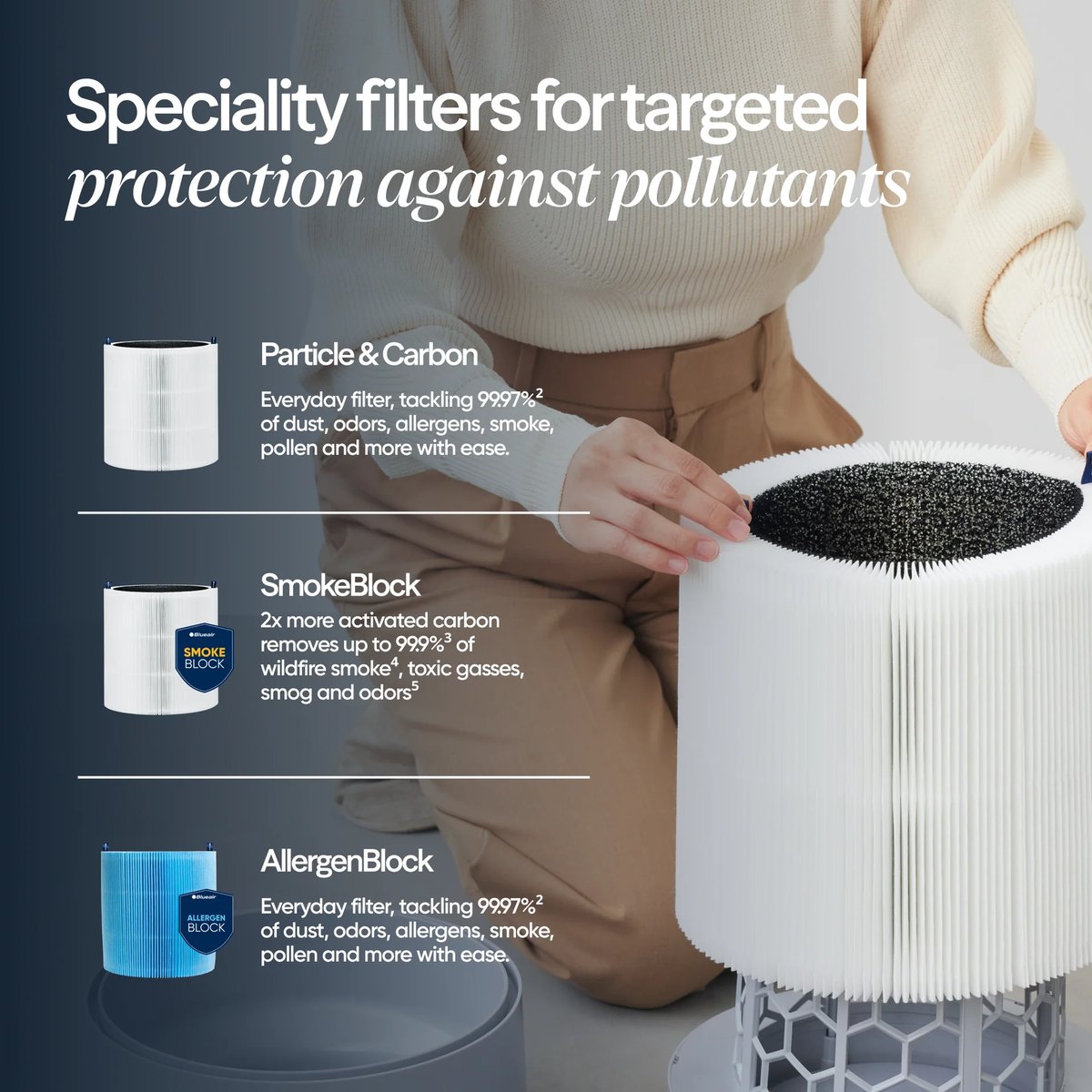Particle and carbon filter for targeted protection